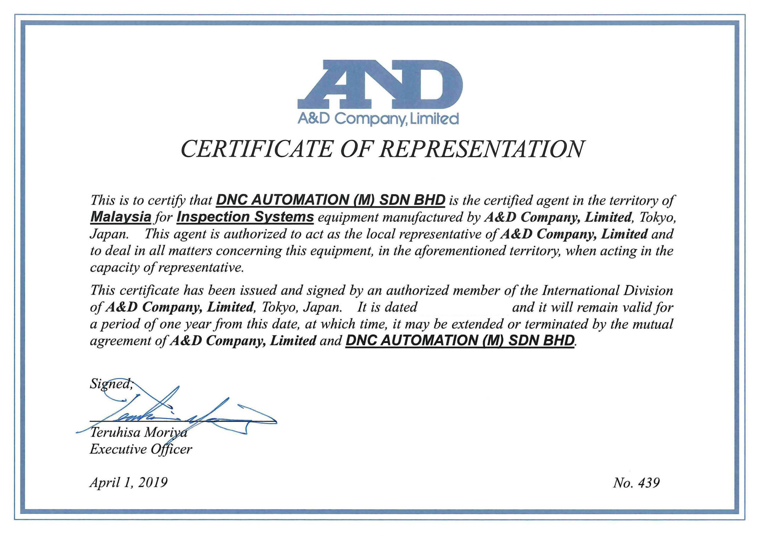OFFICIAL CERTIFIED AGENT FOR A&D
