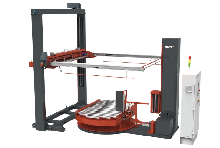 DNX WR 303 A DNX TP 017 Fully Automatic Conveyorized Pallet Wrapper Top Sheet Dispenser